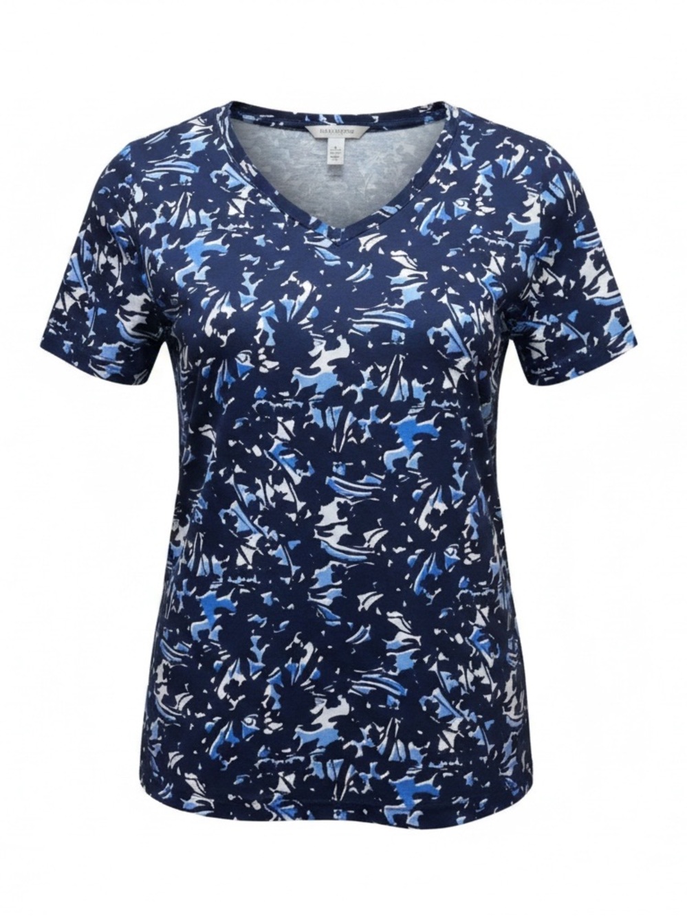NWT Kim Rogers Perfectly Soft 100% Cotton Floral Navy Short Sleeves Top Size M